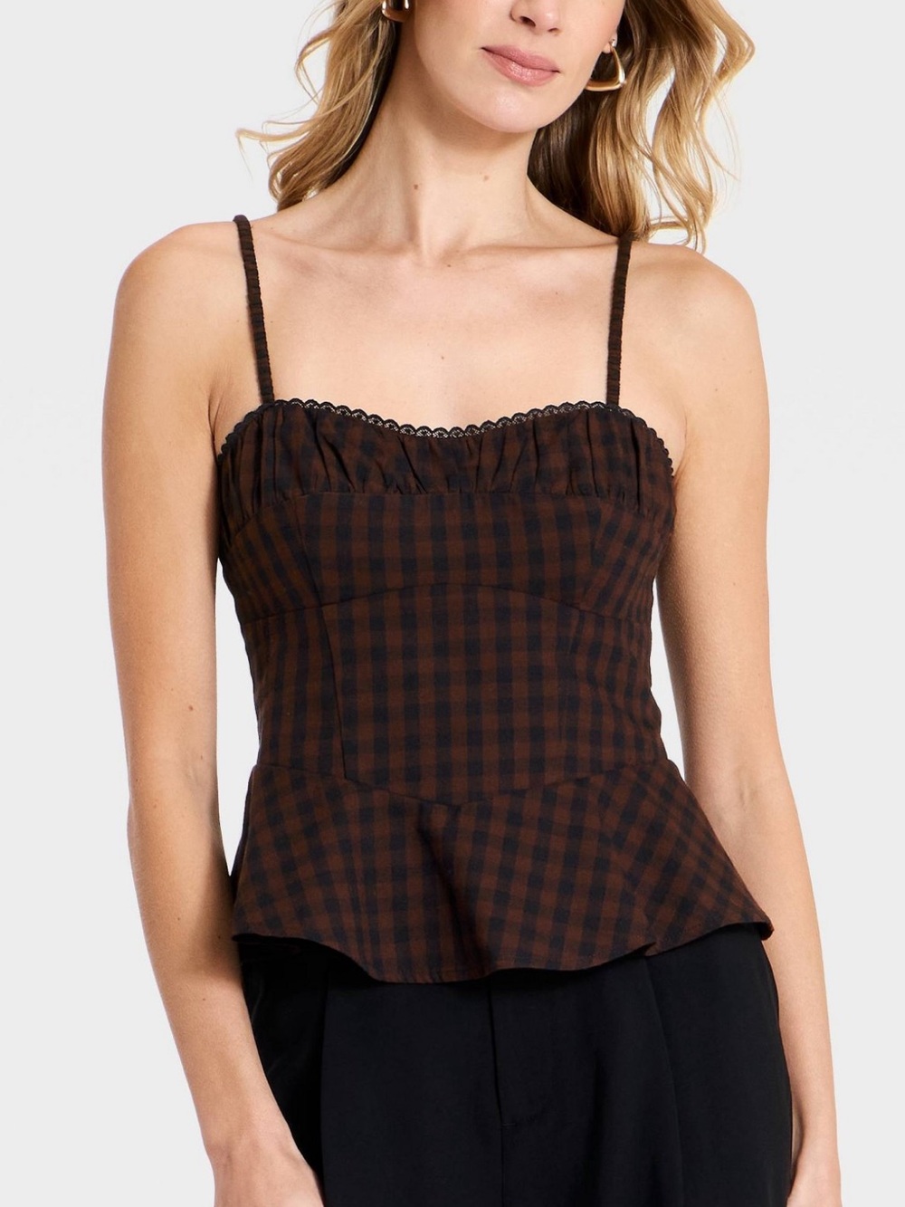 a new day Brown Gingham Peplum Tank with Lace Trim
